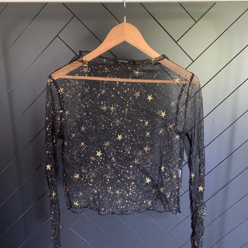 Star Long Sleeve Mock Neck Sheer Top